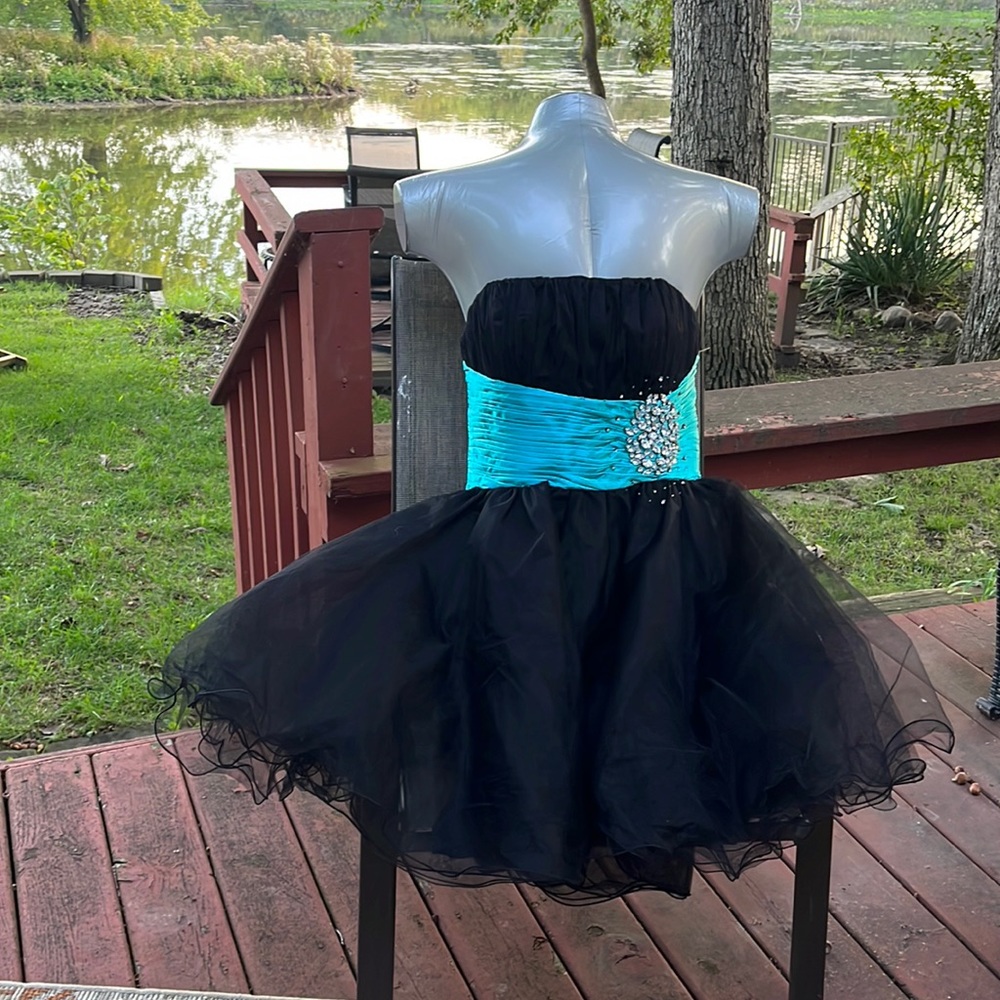 Chicas brand formal dress, black and teal satin with crinoline.